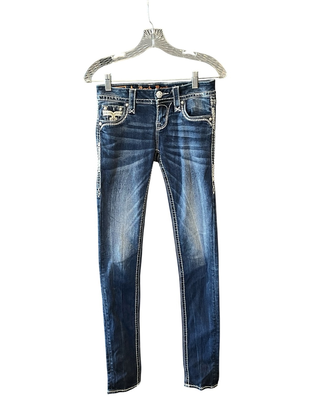 Rock Revival Celinda Skinny Jeans 24 Blue Fleur de Lis Embellished Stretch - Picture 10 of 10